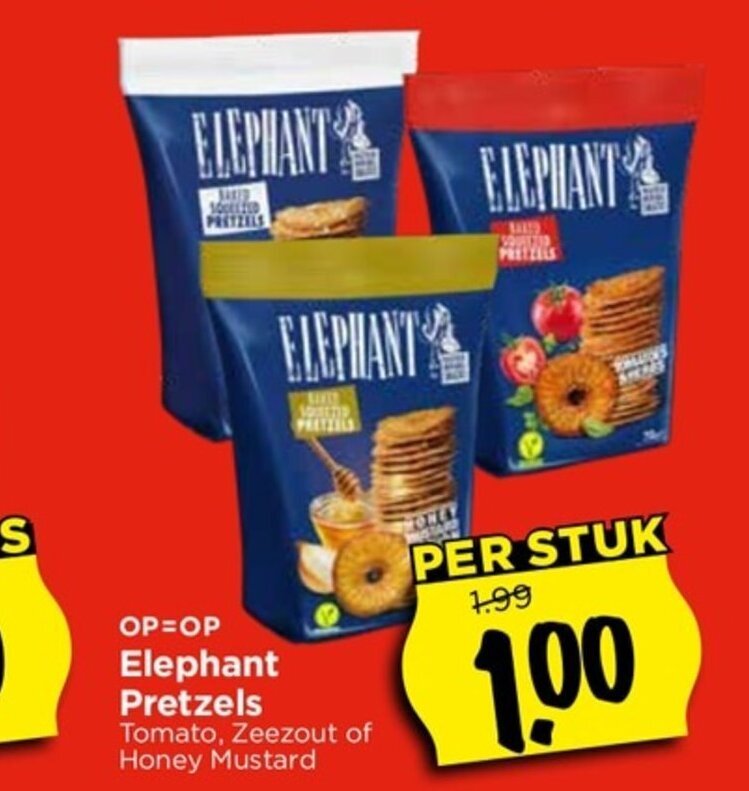 Elephant Pretzels Tomato, Zeezout of Honey Mustard aanbieding bij Vomar