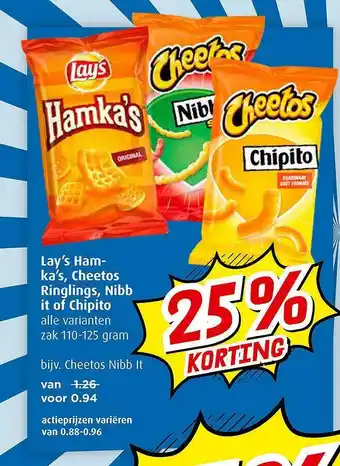 Boni Lay's Hamka's, Cheetos Ringlings, Nibb It Of Chipito 25% Korting aanbieding