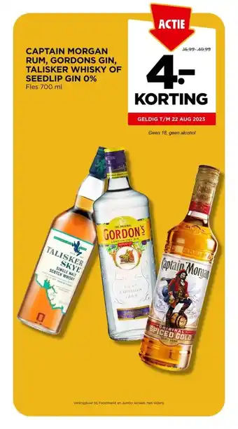 Jumbo Captain morgan rum, gordons gin, talisker whisky of seedlip gin 0% aanbieding