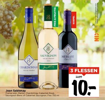 Vomar Voordeelmarkt Jean Sablenay Franse wijn. Merlot, Chardonnay, Cabernet Rosé, Sauvignon Blanc of Cabernet Sauvignon. Fles 750 ml aanbieding