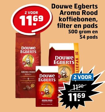 Trekpleister Douwe Egberts Aroma Rood koffiebonen, filter en pads 500 gram en 54 pads aanbieding