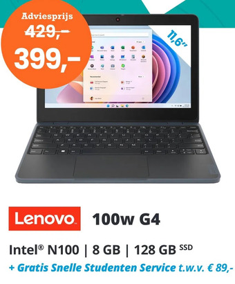 CampusShop Lenovo 100w g4 intel® n100 | 8 gb | 128 gb ssd aanbieding