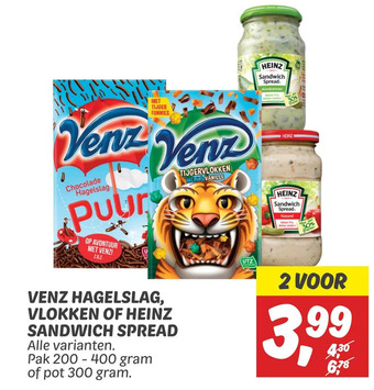 Dekamarkt Venz hagelslag, vlokken of heinz sandwich spread aanbieding