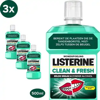 Bol.com Listerine clean & fresh, mondwater met essentiële oliën en fluoride, zonder alcohol, 3 x 500 ml aanbieding