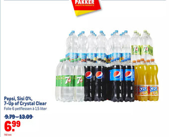 Makro Pepsi, Sisi 0%, 7-Up of Crystal Clear Folie 6 petflessen à 1,5 liter aanbieding