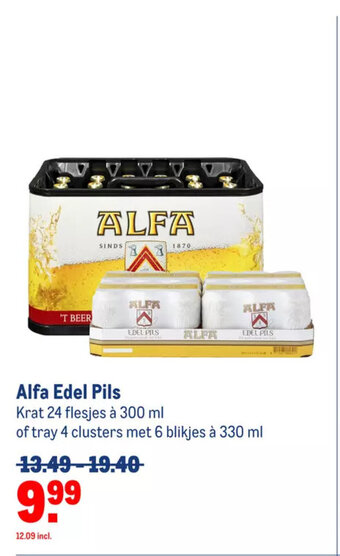 Makro Alfa Edel Pils Krat 24 flesjes à 300 ml of tray 4 clusters met 6 blikjes à 330 ml aanbieding