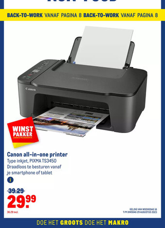 Makro Canon all-in-one printer Type inkjet, PIXMA TS3450 Draadloos te besturen vanaf je smartphone of tablet aanbieding