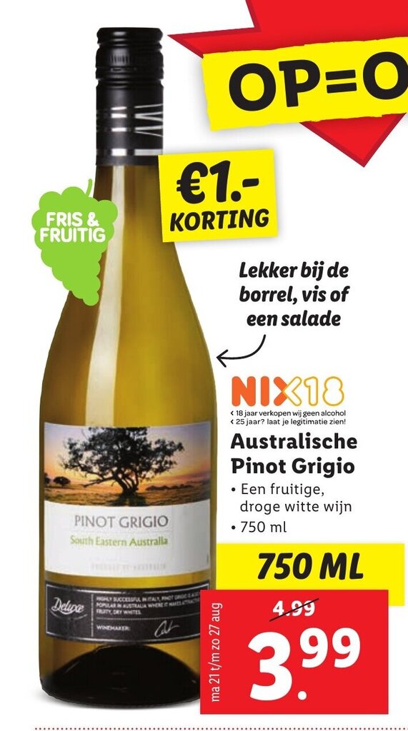 Australische Pinot Grigio 750ml aanbieding bij Lidl