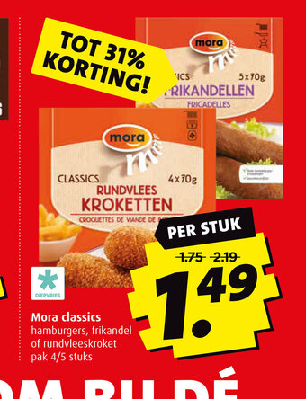 Boni Mora classics hamburgers, frikandel of rundvleeskroket pak 4/5 stuks aanbieding