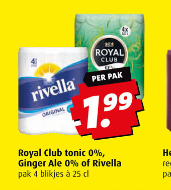 Boni Royal Club tonic 0%, Ginger Ale 0% of Rivella pak 4 blikjes à 25 cl aanbieding