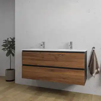 Sanitairwinkel.nl Adema industrial 2.0 badkamermeubelset - 120x45x55cm - 2 ovale keramische wasbak wit - 2 kraangaten - hout/zwart aanbieding