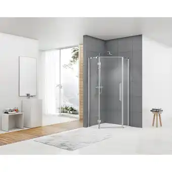 Sanitairwinkel.nl Van rijn products st05 vijfhoek cabine 970-990 x 2000 helder clear glas 8 mm chroom stabilisatiestang over glas greep aanbieding