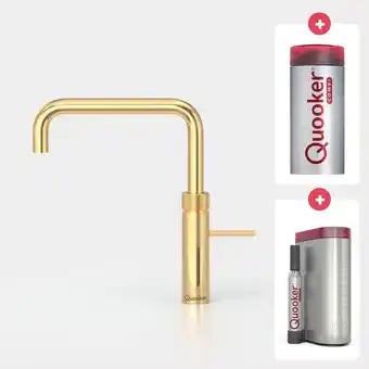 Sanitairwinkel.nl Quooker fusion square kokendwaterkraan opbouw uitloop draaibaar met combi met reservoir en cube reservoir verguld showroommod aanbieding