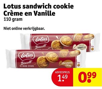 Kruidvat Lotus sandwich cookie Crème en Vanille 110 gram aanbieding