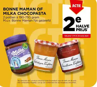 Jumbo BONNE MAMAN OF MILKA CHOCOPASTA 2 potten à 190-750 gram M.u.v. Bonne Maman fijn gezeefd aanbieding