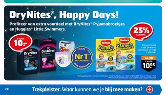 Trekpleister DryNites, Happy Days! Profiteer van extra voordeel met DryNites® Pyjamabroekjes en Huggies® Little Swimmers. aanbieding