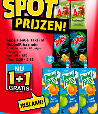 Hoogvliet Appelsientje, Taksi of DubbelFrisss mini 2 pakken met 6 - 10 pakjes van 0.2 liter aanbieding