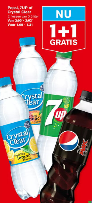 Hoogvliet Pepsi, 7UP of Crystal Clear 2 flessen van 0.5 liter aanbieding