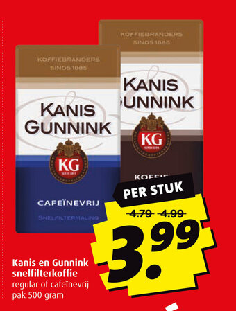 Boni Kanis en Gunnink snelfilterkoffie regular of cafeïnevrij pak 500 gram aanbieding