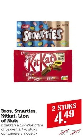 Coop Bros, smarties, kitkat, lion of nuts aanbieding