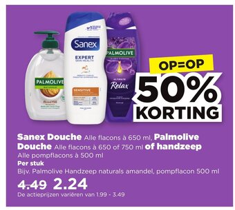 Plus Vandaag Sanex Douche Alle flacons à 650 ml, Palmolive Douche Alle flacons à 650 of 750 ml of handzeep  500 ml aanbieding