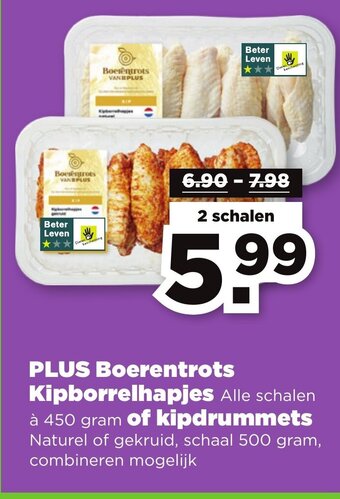 Plus Vandaag PLUS Boerentrots Kipborrelhapjes Alle schalen à 450 gram of kipdrummets aanbieding