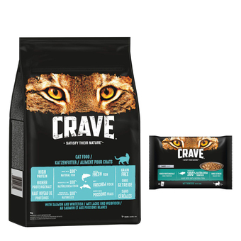 Zooplus Crave kat droogvoer 7kg + 4*85g crave cat pouch  - met zalm & witvis (7 kg) + sauce met tonijn (4 x 85 g) aanbieding