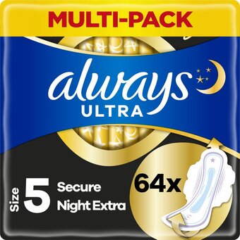Bol.com Always ultra secure night extra - maat 5 - maandverband met vleugels - voordeelbox 64 stuks aanbieding
