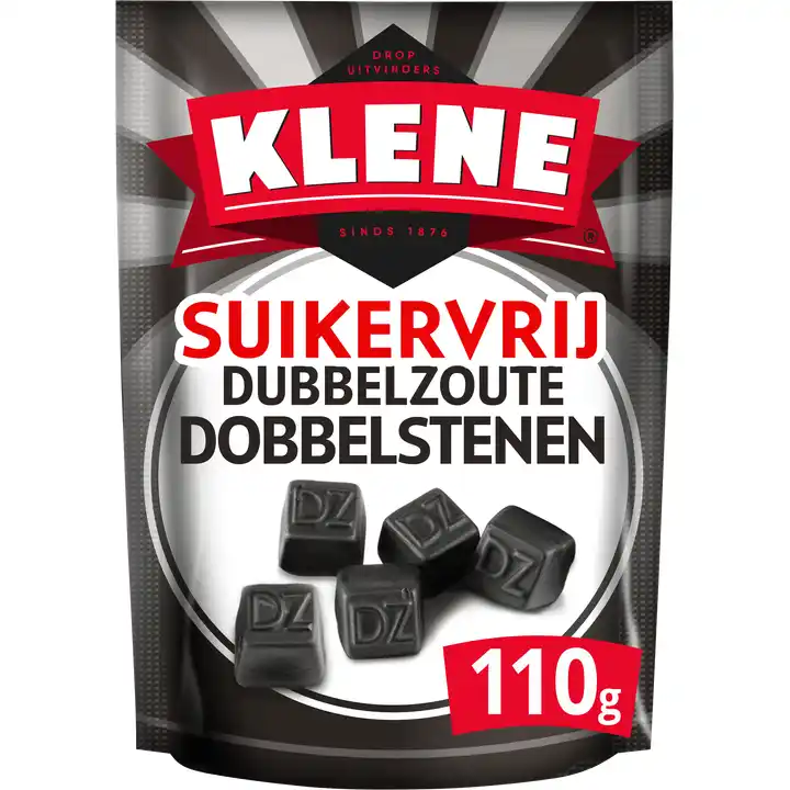 Klene dubbel zoute dobbelstenen suikervrije drop zak 110 gram aanbieding