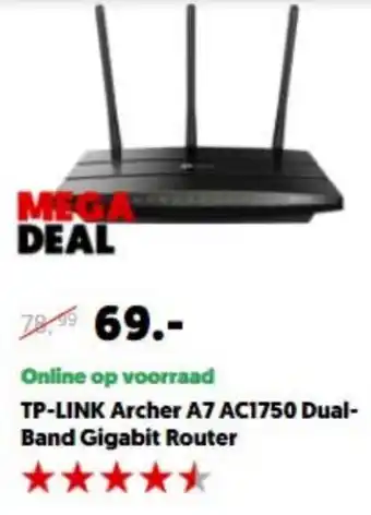 MediaMarkt tp-link Archer A7 AC1750 Dual-Band Gigabit Router aanbieding