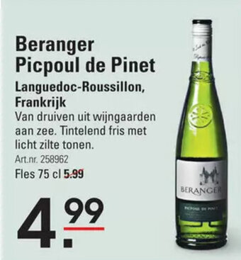 Sligro Beranger Picpoul de Pinet Languedoc-Roussillon, Frankrijk Art.nr. 258962 Fles 75 cl aanbieding