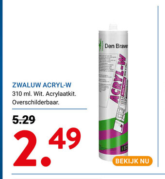 Kluswijs ZWALUW ACRYL-W 310 ml. Wit. Acrylaatkit. Overschilderbaar. aanbieding