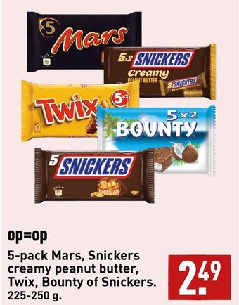 ALDI 5-pack Mars, Snickers creamy peanut butter, Twix, Bounty of Snickers. 225-250 g. aanbieding