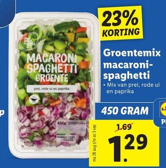 Lidl Groentemix macaroni- spaghetti Mix van prei, rode ui en paprika 450 GRAM aanbieding