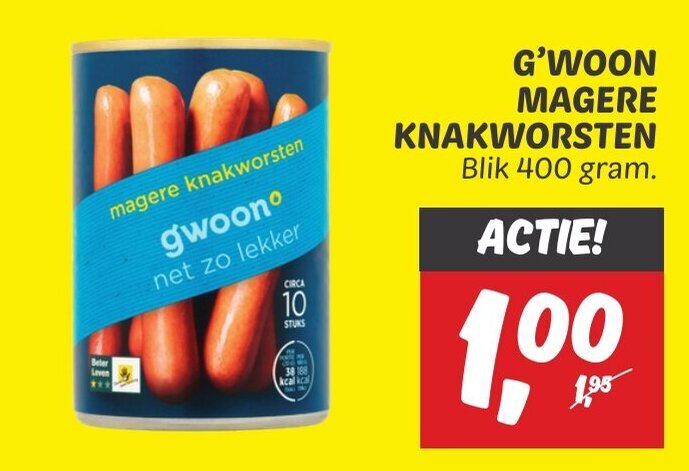 G'WOON MAGERE KNAKWORSTEN Blik 400 gram. aanbieding bij Dekamarkt