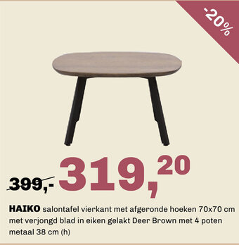 Trendhopper HAIKO salontafel vierkant met afgeronde hoeken 70x70 cm met verjongd blad in eiken gelakt Deer Brown met 4 poten metaal 38 cm aanbieding