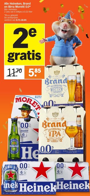Albert Heijn Alle Heineken, Brand en Birra Moretti 0.0* 0.33 liter aanbieding