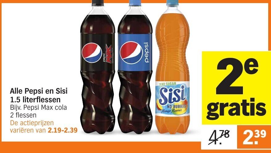 Alle Pepsi en Sisi 1.5 literflessen 2e gratis aanbieding bij Albert Heijn