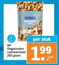 Albert Heijn Ongezouten cashewnoten 200 gram aanbieding