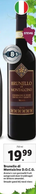 Lidl Brunello di montalcino d.o.c.g. aroma's van gestoofd fruit aangevuld door kruidnagel en bittere amandel. smaakt goed bij rood aanbieding