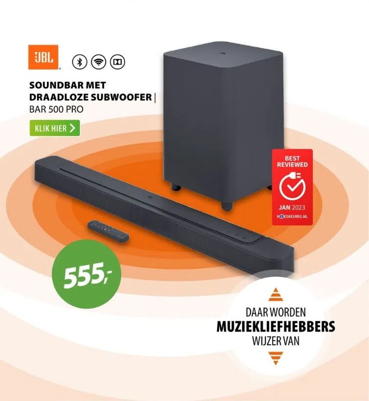 Jbl soundbar met draadloze subwoofer bar 500 pro aanbieding bij Expert