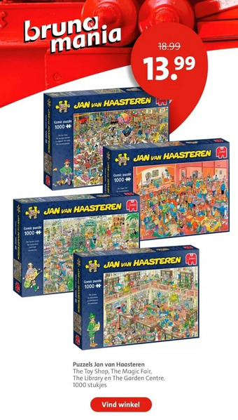 Bruna Puzzels jan van haasteren the toy shop, the magic fair, the library en the garden centre. 1000 stukjes aanbieding