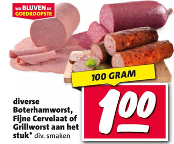 Nettorama diverse Boterhamworst, Fijne Cervelaat of Grillworst aan het stuk* 100 gram aanbieding