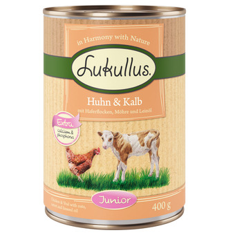 Zooplus Lukullus junior kip & noorse zalm hondenvoer bestel ook natvoer: 6 x 400 g kip & kalkoen junior aanbieding
