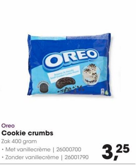Oreo Cookie crumbs Zak 400 gram aanbieding bij HANOS