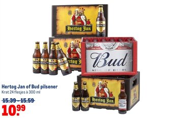 Makro Hertog Jan of Bud pilsener Krat 24 flesjes à 300 ml aanbieding