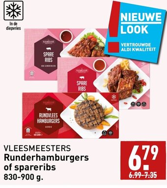 ALDI VLEESMEESTERS Runderhamburgers of spareribs 830-900 g. aanbieding