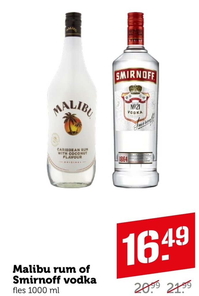Malibu rum of Smirnoff vodka fles 1000 ml aanbieding bij Coop