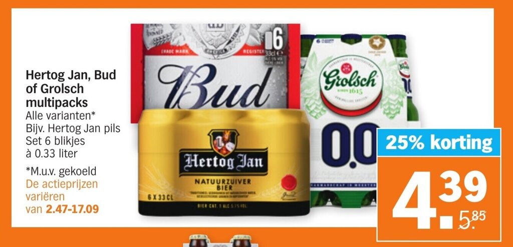Hertog jan, bud of grolsch multipacks aanbieding bij Albert Heijn
