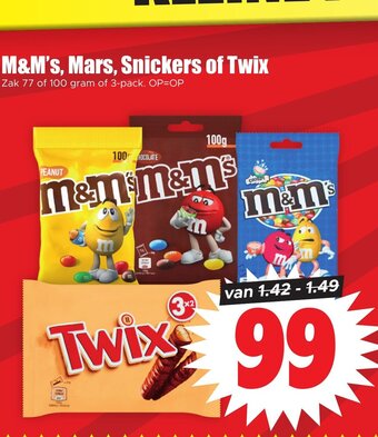 Dirk M&M's, Mars, Snickers of Twix 100g aanbieding